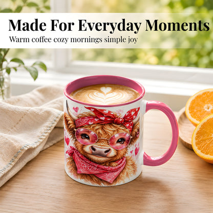 #pl[11oz|Pink] Valentine Highland Cow Coffee Mug, Heart Cow Mug, Ceramic Cup