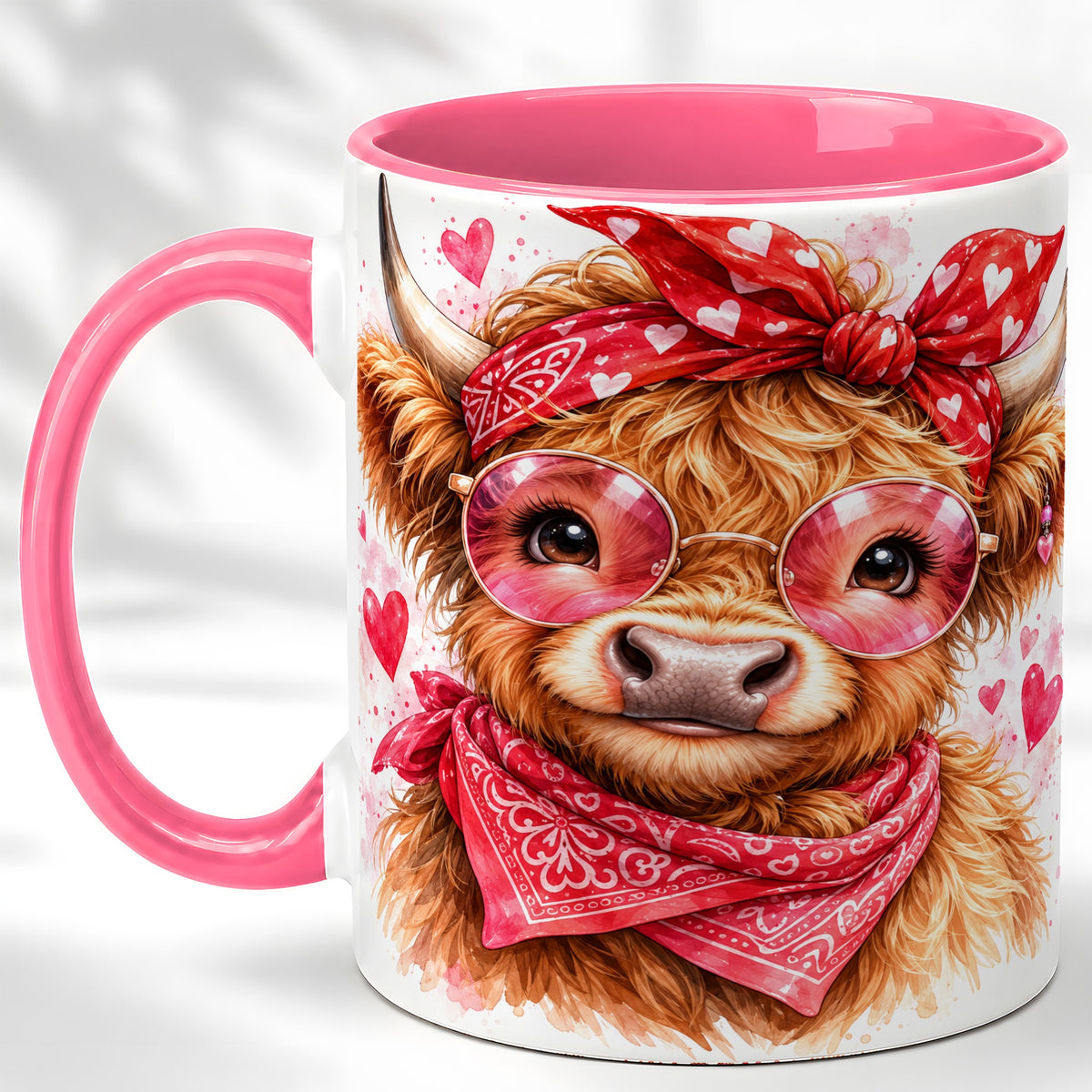 #pl[11oz|Pink] Valentine Highland Cow Coffee Mug, Heart Cow Mug, Ceramic Cup