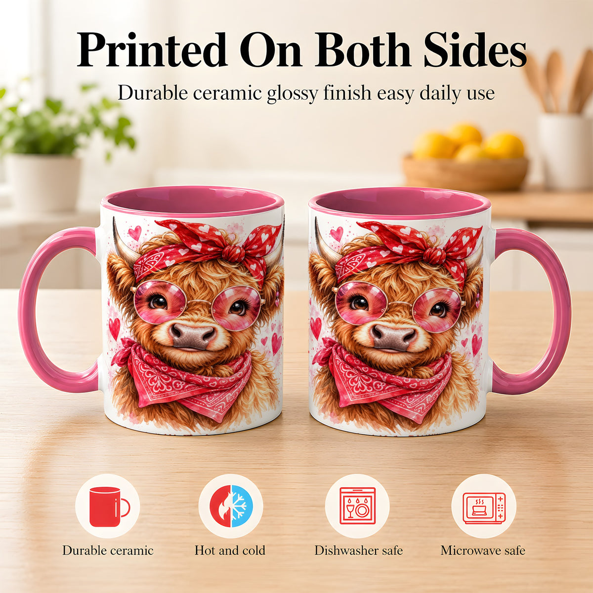 #pl[11oz|Pink] Valentine Highland Cow Coffee Mug, Heart Cow Mug, Ceramic Cup