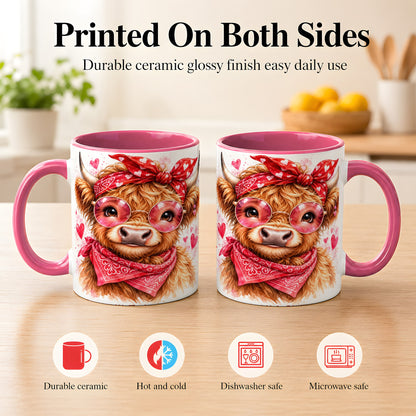 #pl[11oz|Pink] Valentine Highland Cow Coffee Mug, Heart Cow Mug, Ceramic Cup