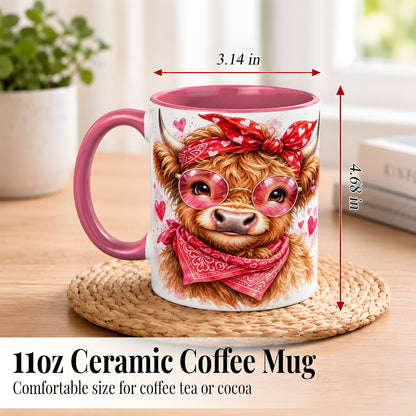 #pl[11oz|Pink] Valentine Highland Cow Coffee Mug, Heart Cow Mug, Ceramic Cup