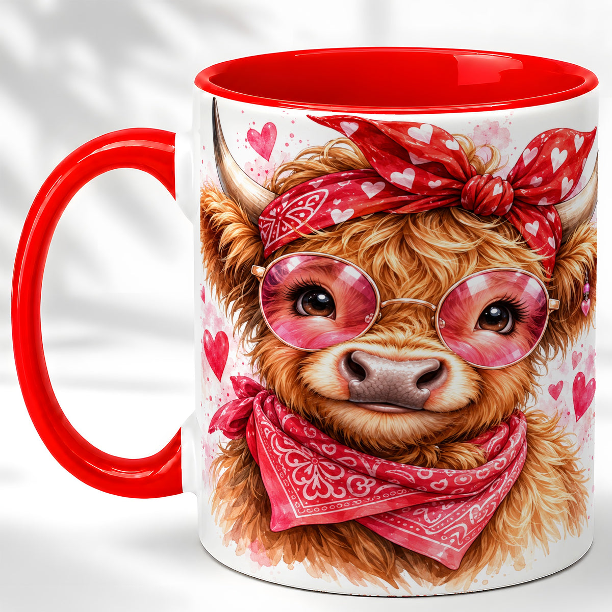 #pl[11oz|Red] Valentine Highland Cow Coffee Mug, Heart Cow Mug, Ceramic Cup