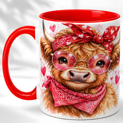 #pl[11oz|Red] Valentine Highland Cow Coffee Mug, Heart Cow Mug, Ceramic Cup