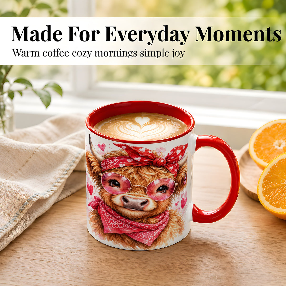 #pl[11oz|Red] Valentine Highland Cow Coffee Mug, Heart Cow Mug, Ceramic Cup