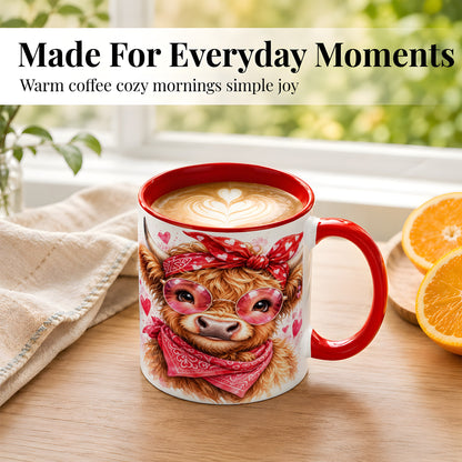 #pl[11oz|Red] Valentine Highland Cow Coffee Mug, Heart Cow Mug, Ceramic Cup