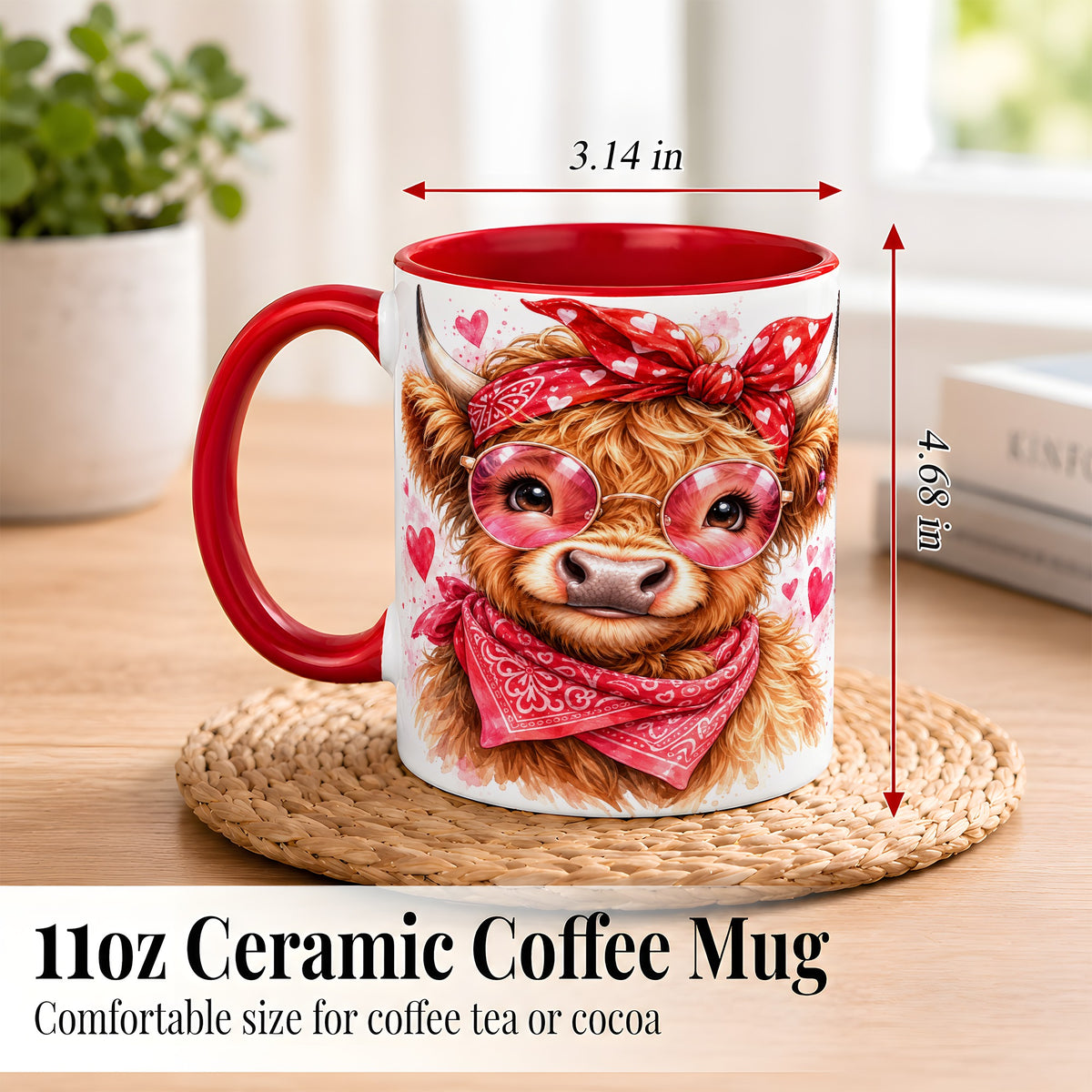 #pl[11oz|Red] Valentine Highland Cow Coffee Mug, Heart Cow Mug, Ceramic Cup