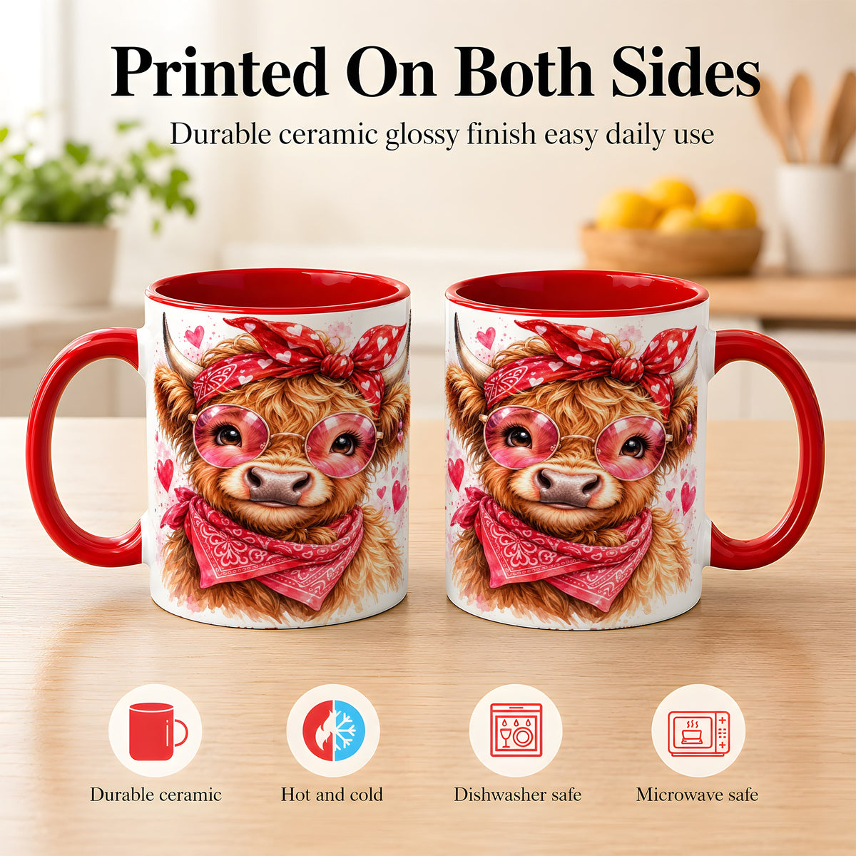 #pl[11oz|Red] Valentine Highland Cow Coffee Mug, Heart Cow Mug, Ceramic Cup