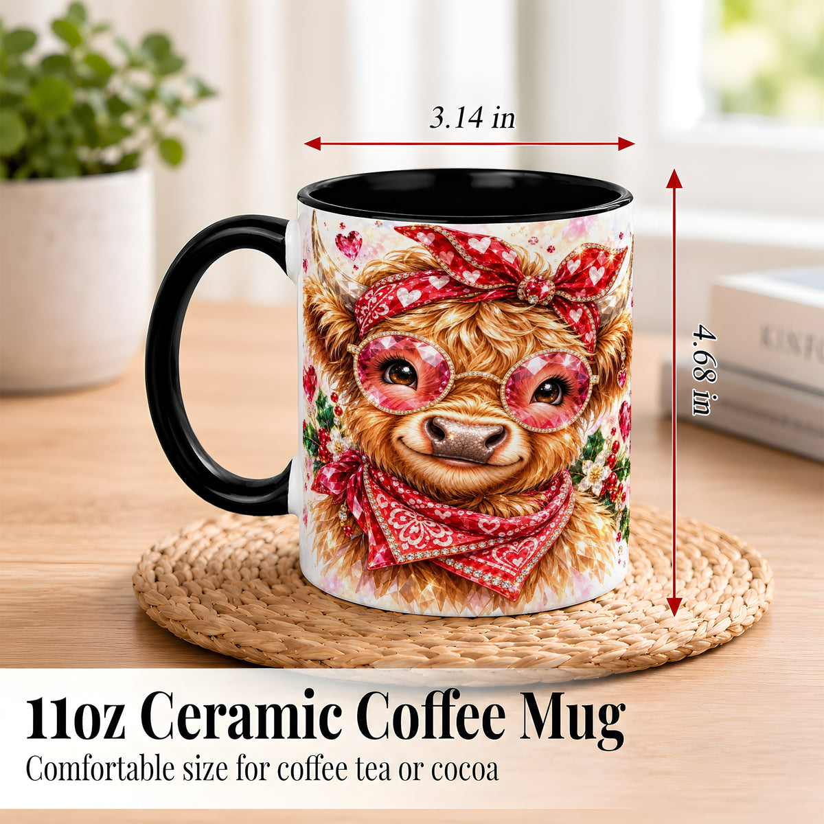#pl[11oz|Black] Highland Cow Coffee Mug, Heart Cow Mug, Ceramic Cup