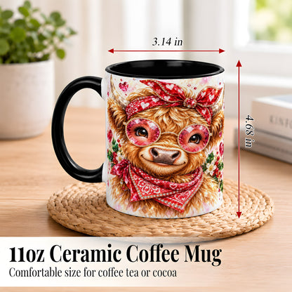 #pl[11oz|Black] Highland Cow Coffee Mug, Heart Cow Mug, Ceramic Cup