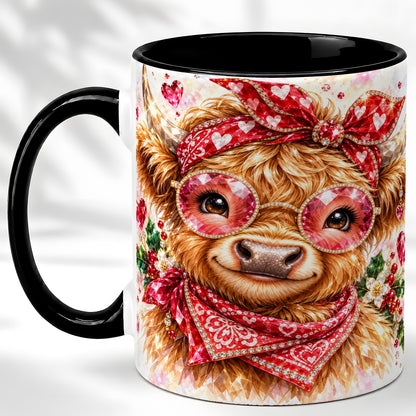 #pl[11oz|Black] Highland Cow Coffee Mug, Heart Cow Mug, Ceramic Cup