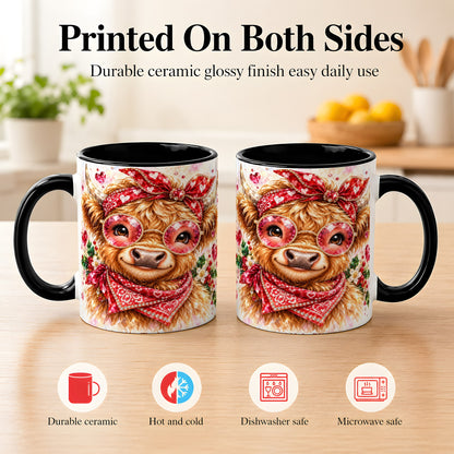 #pl[11oz|Black] Highland Cow Coffee Mug, Heart Cow Mug, Ceramic Cup