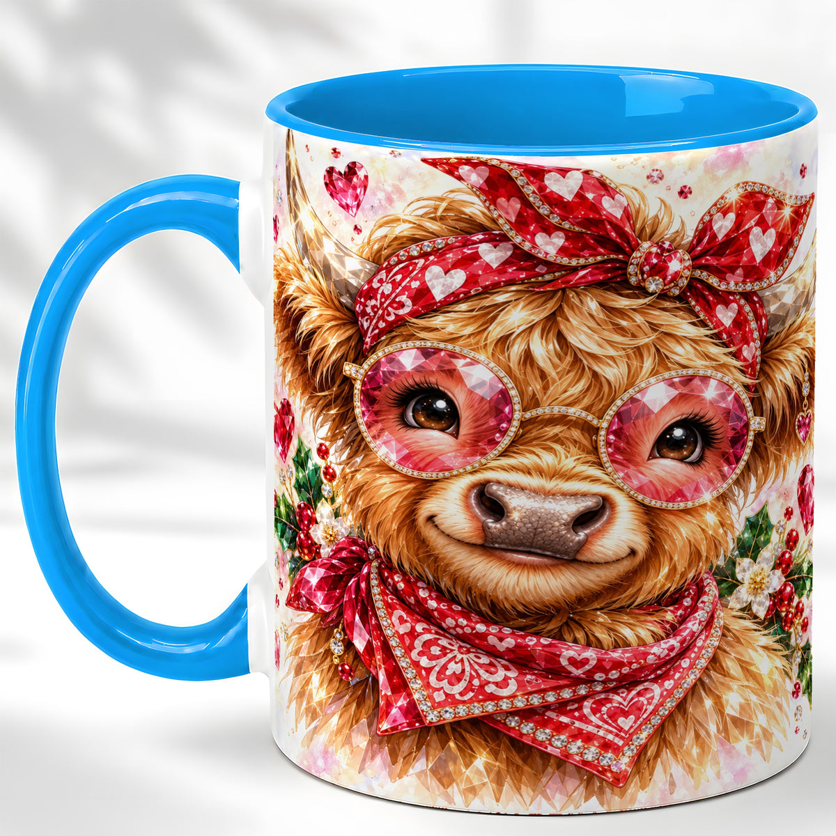 #pl[11oz|Blue] Highland Cow Coffee Mug, Heart Cow Mug, Ceramic Cup