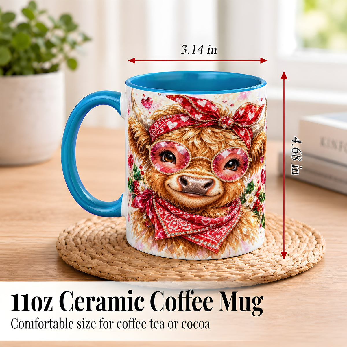 #pl[11oz|Blue] Highland Cow Coffee Mug, Heart Cow Mug, Ceramic Cup