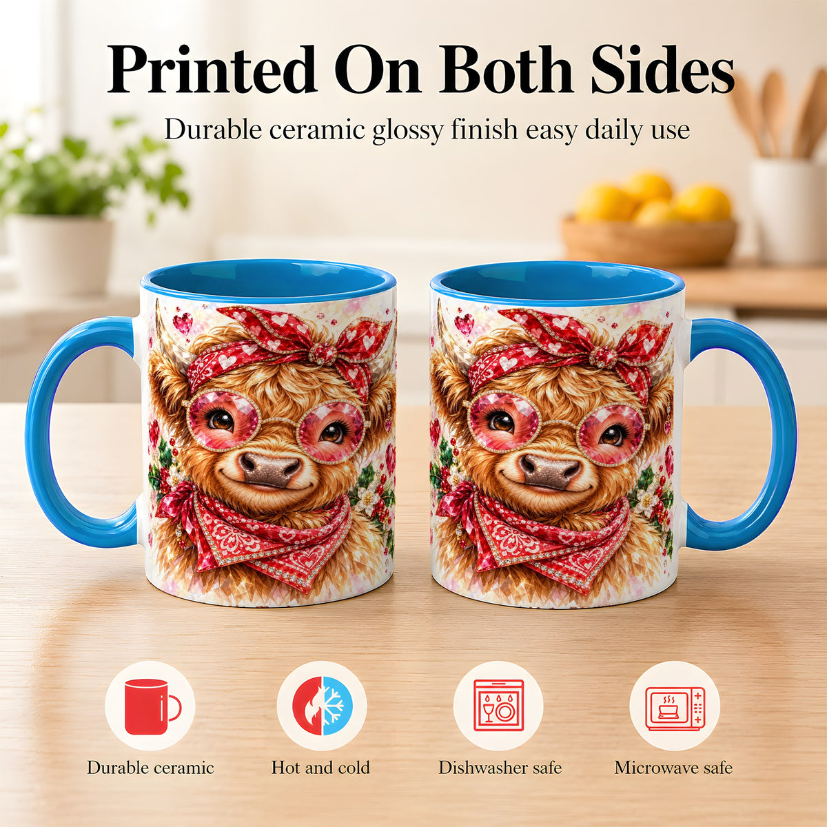 #pl[11oz|Blue] Highland Cow Coffee Mug, Heart Cow Mug, Ceramic Cup