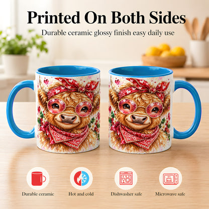 #pl[11oz|Blue] Highland Cow Coffee Mug, Heart Cow Mug, Ceramic Cup