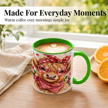 #pl[11oz|Green] Highland Cow Coffee Mug, Heart Cow Mug, Ceramic Cup