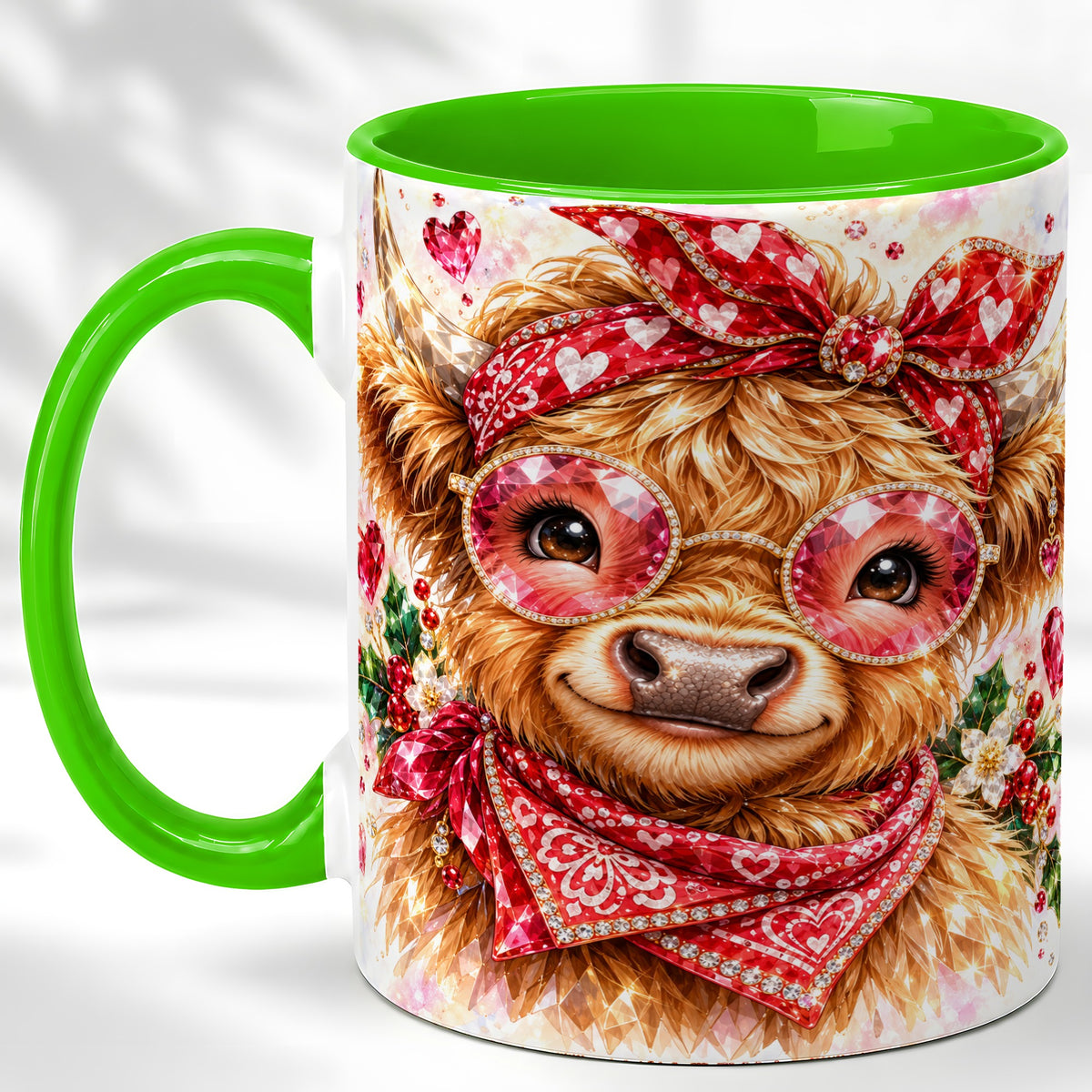 #pl[11oz|Green] Highland Cow Coffee Mug, Heart Cow Mug, Ceramic Cup