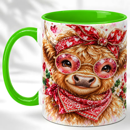 #pl[11oz|Green] Highland Cow Coffee Mug, Heart Cow Mug, Ceramic Cup