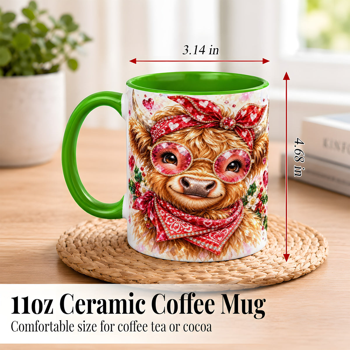 #pl[11oz|Green] Highland Cow Coffee Mug, Heart Cow Mug, Ceramic Cup