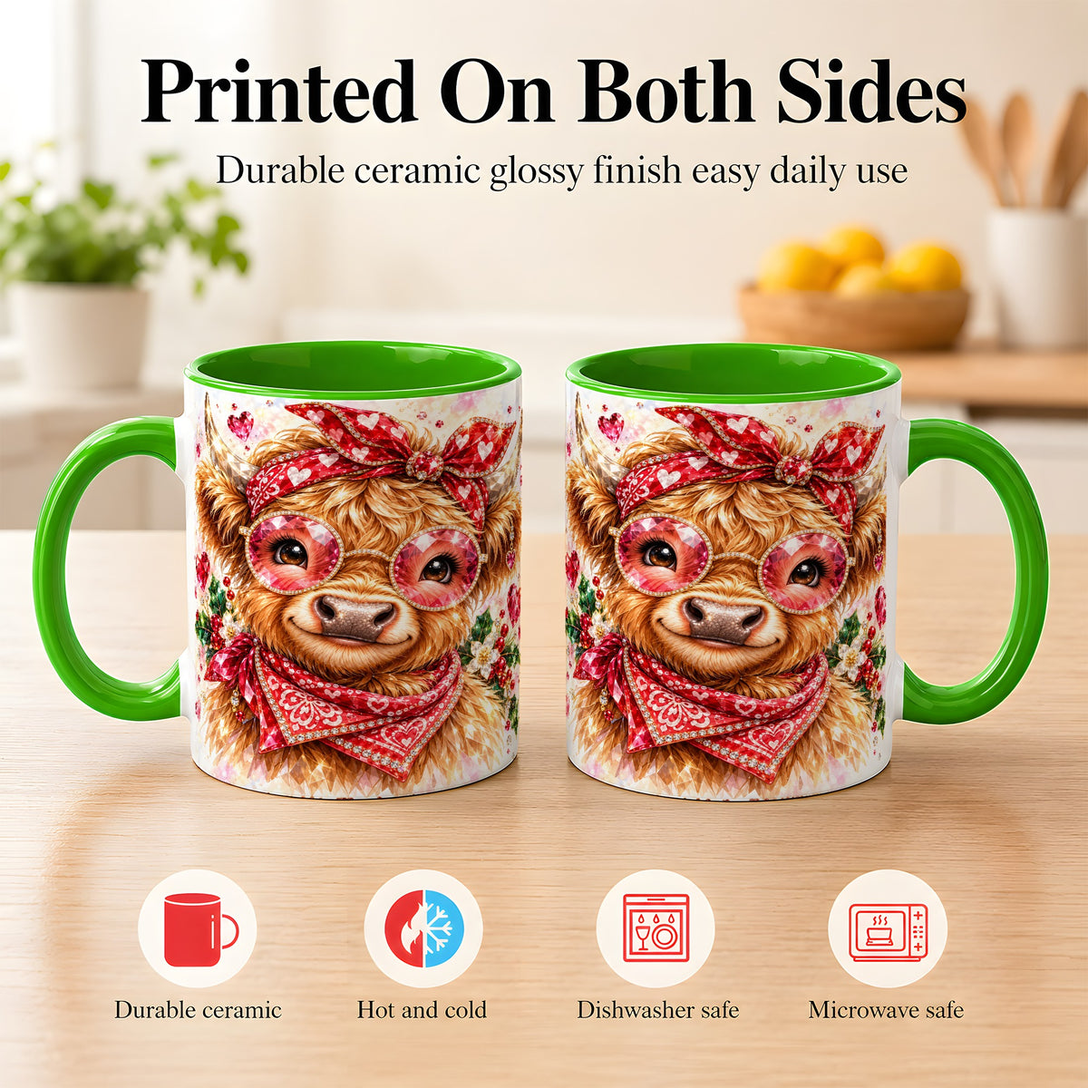#pl[11oz|Green] Highland Cow Coffee Mug, Heart Cow Mug, Ceramic Cup
