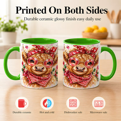 #pl[11oz|Green] Highland Cow Coffee Mug, Heart Cow Mug, Ceramic Cup