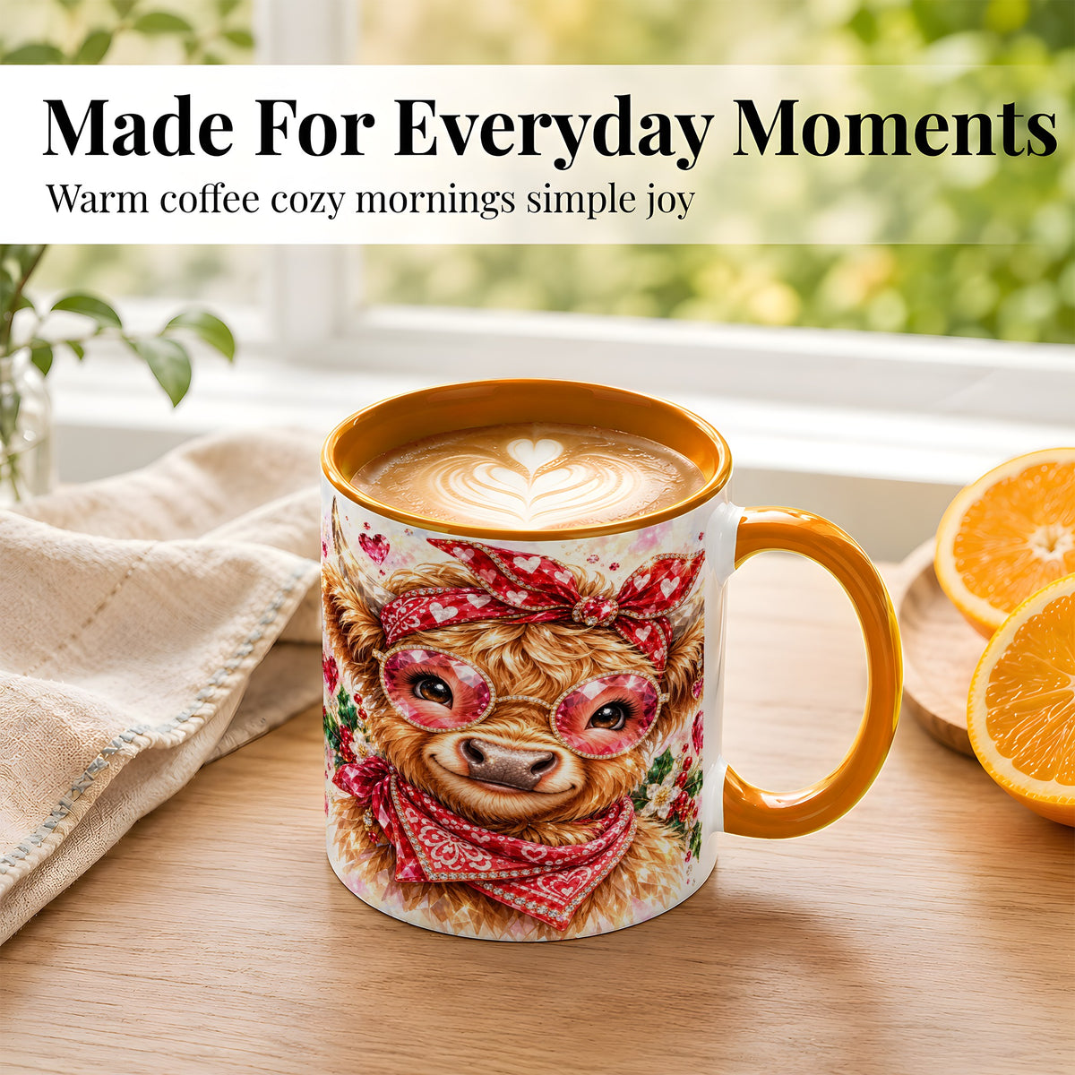 #pl[11oz|Orange] Highland Cow Coffee Mug, Heart Cow Mug, Ceramic Cup