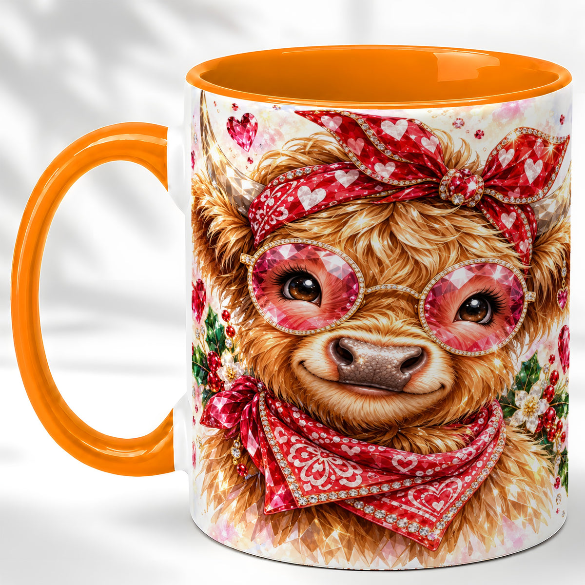 #pl[11oz|Orange] Highland Cow Coffee Mug, Heart Cow Mug, Ceramic Cup