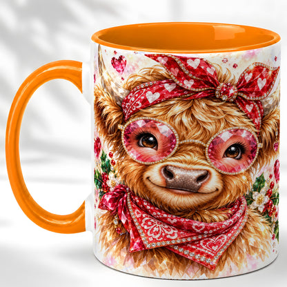 #pl[11oz|Orange] Highland Cow Coffee Mug, Heart Cow Mug, Ceramic Cup