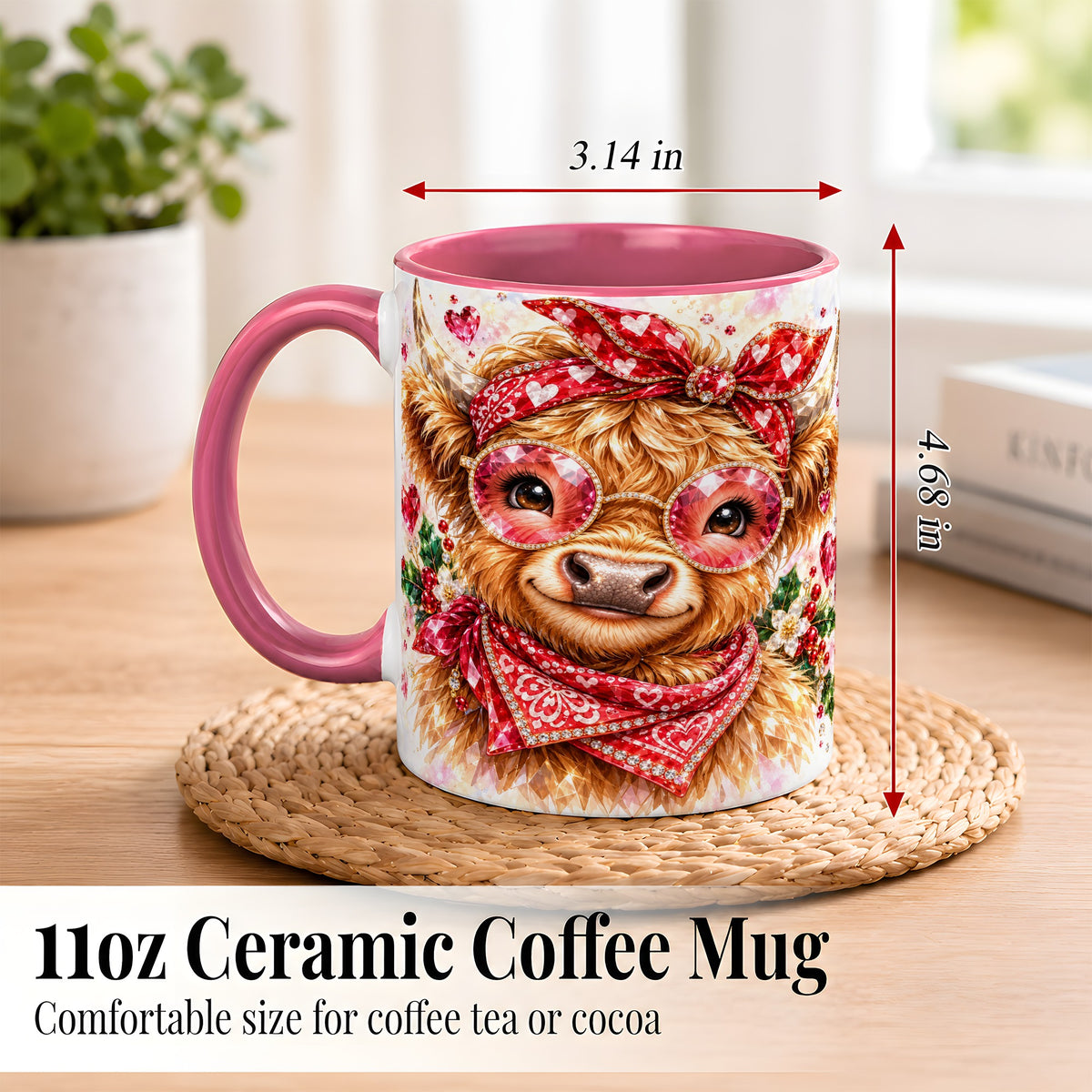 #pl[11oz|Pink] Highland Cow Coffee Mug, Heart Cow Mug, Ceramic Cup