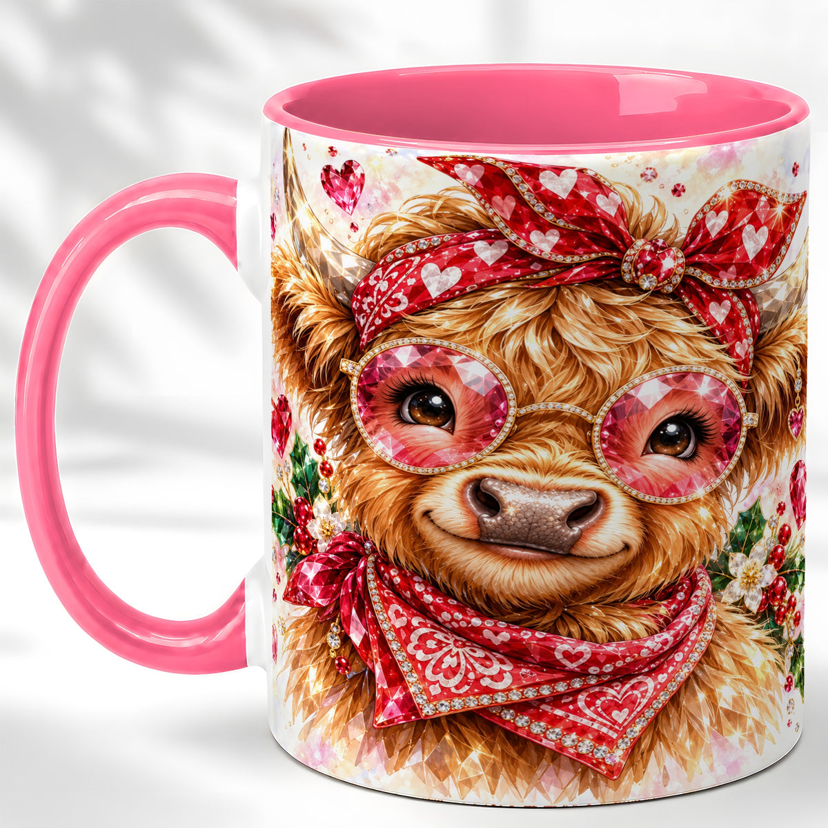 #pl[11oz|Pink] Highland Cow Coffee Mug, Heart Cow Mug, Ceramic Cup