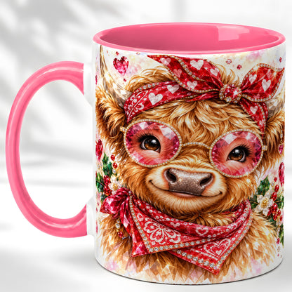 #pl[11oz|Pink] Highland Cow Coffee Mug, Heart Cow Mug, Ceramic Cup