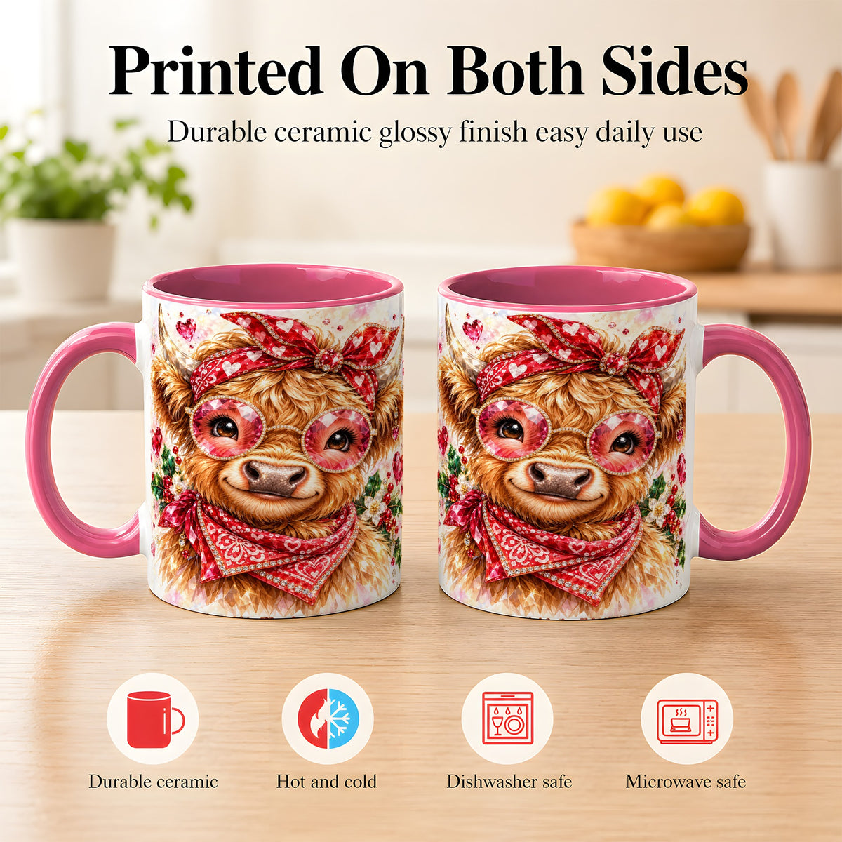 #pl[11oz|Pink] Highland Cow Coffee Mug, Heart Cow Mug, Ceramic Cup