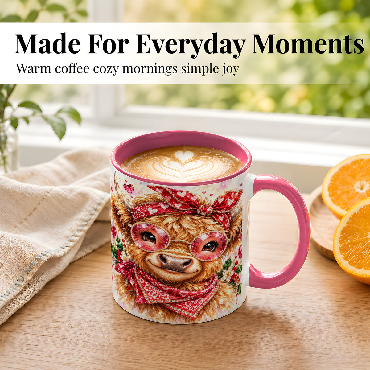 #pl[11oz|Pink] Highland Cow Coffee Mug, Heart Cow Mug, Ceramic Cup
