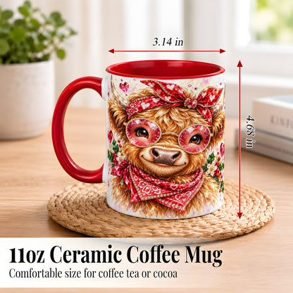 #pl[11oz|Red] Highland Cow Coffee Mug, Heart Cow Mug, Ceramic Cup