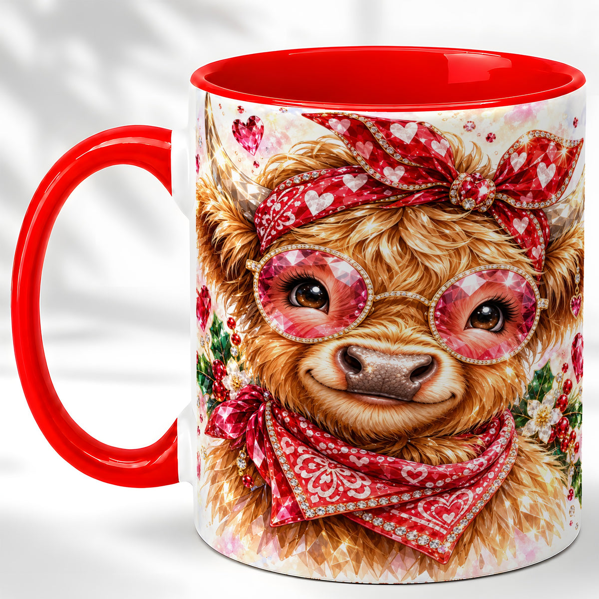 #pl[11oz|Red] Highland Cow Coffee Mug, Heart Cow Mug, Ceramic Cup