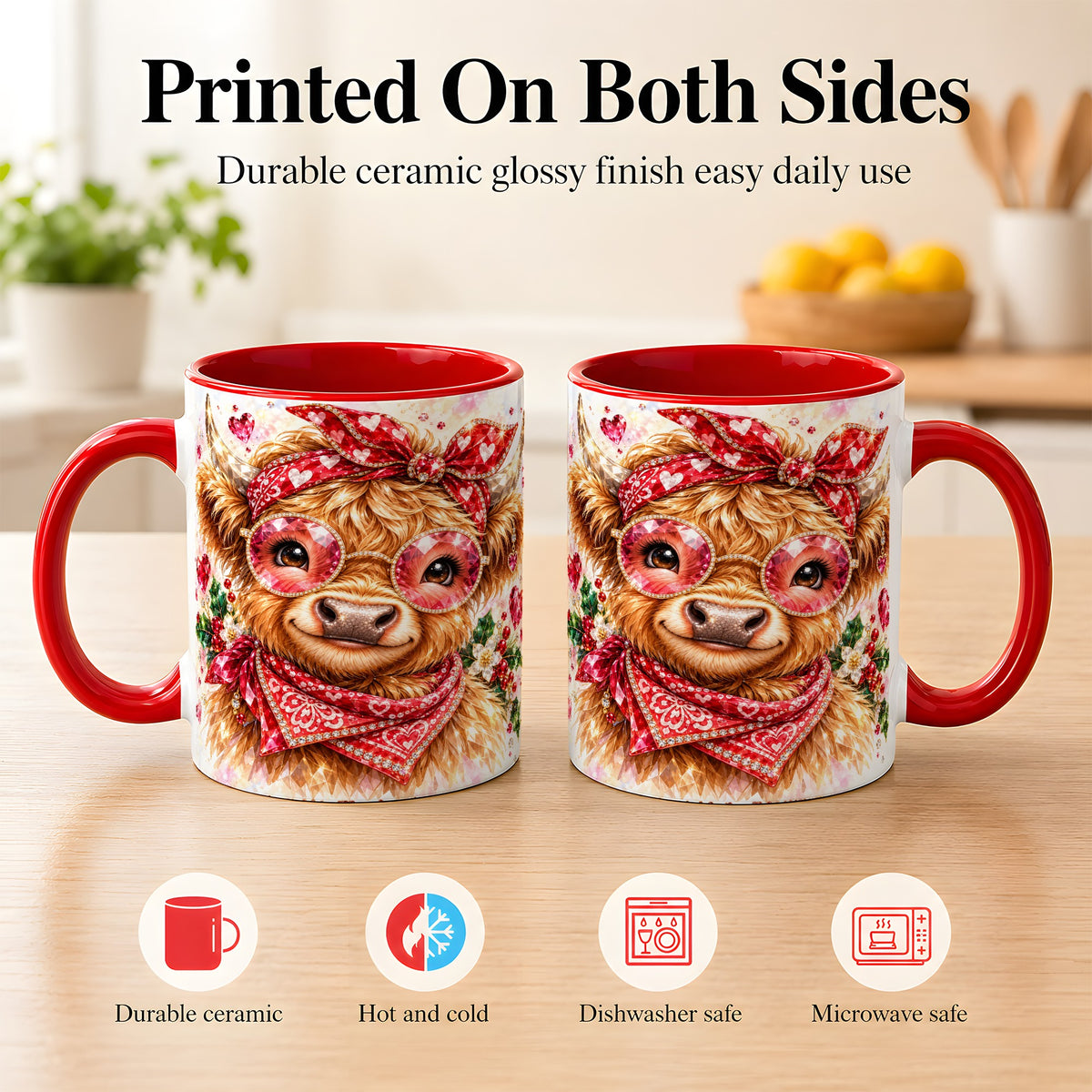 #pl[11oz|Red] Highland Cow Coffee Mug, Heart Cow Mug, Ceramic Cup