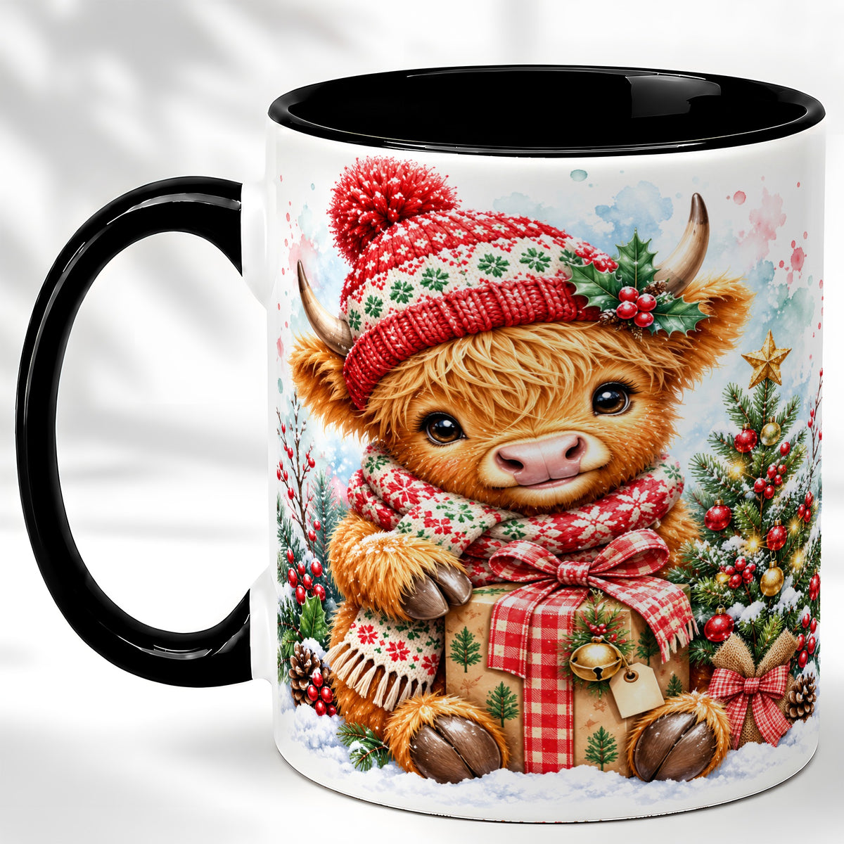 #pl[11oz|Black] Watercolor Highland Cow Coffee Mug, Christmas Cow Mug, Ceramic Cup