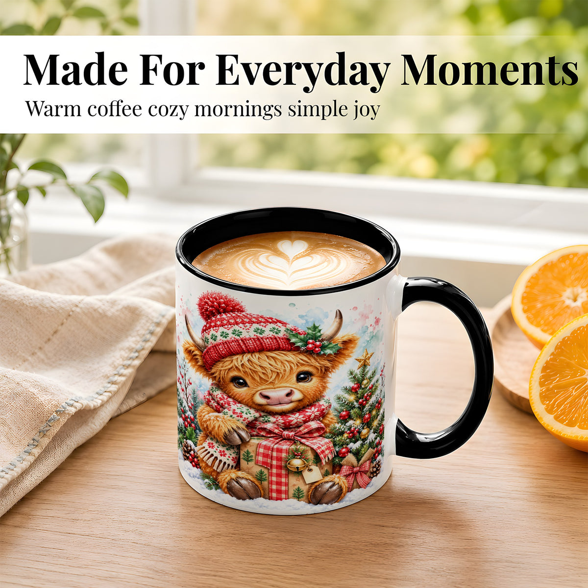 #pl[11oz|Black] Watercolor Highland Cow Coffee Mug, Christmas Cow Mug, Ceramic Cup