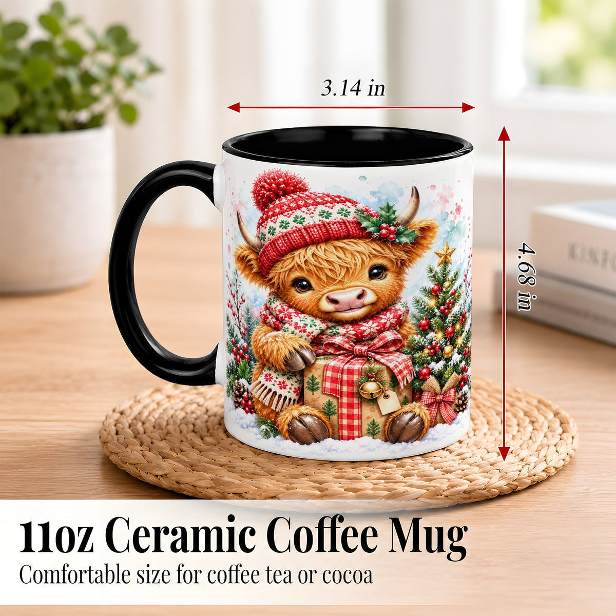#pl[11oz|Black] Watercolor Highland Cow Coffee Mug, Christmas Cow Mug, Ceramic Cup