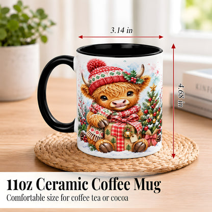#pl[11oz|Black] Watercolor Highland Cow Coffee Mug, Christmas Cow Mug, Ceramic Cup