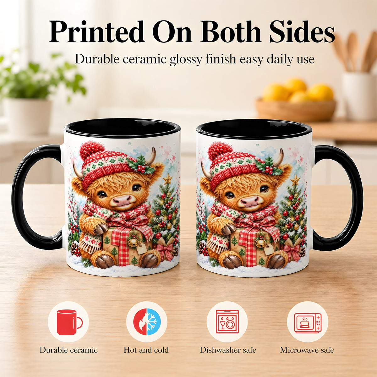 #pl[11oz|Black] Watercolor Highland Cow Coffee Mug, Christmas Cow Mug, Ceramic Cup