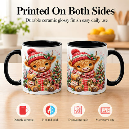#pl[11oz|Black] Watercolor Highland Cow Coffee Mug, Christmas Cow Mug, Ceramic Cup
