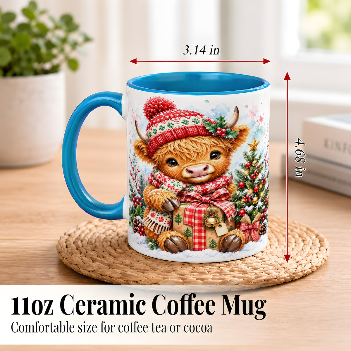 #pl[11oz|Blue] Watercolor Highland Cow Coffee Mug, Christmas Cow Mug, Ceramic Cup