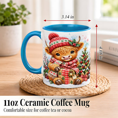#pl[11oz|Blue] Watercolor Highland Cow Coffee Mug, Christmas Cow Mug, Ceramic Cup