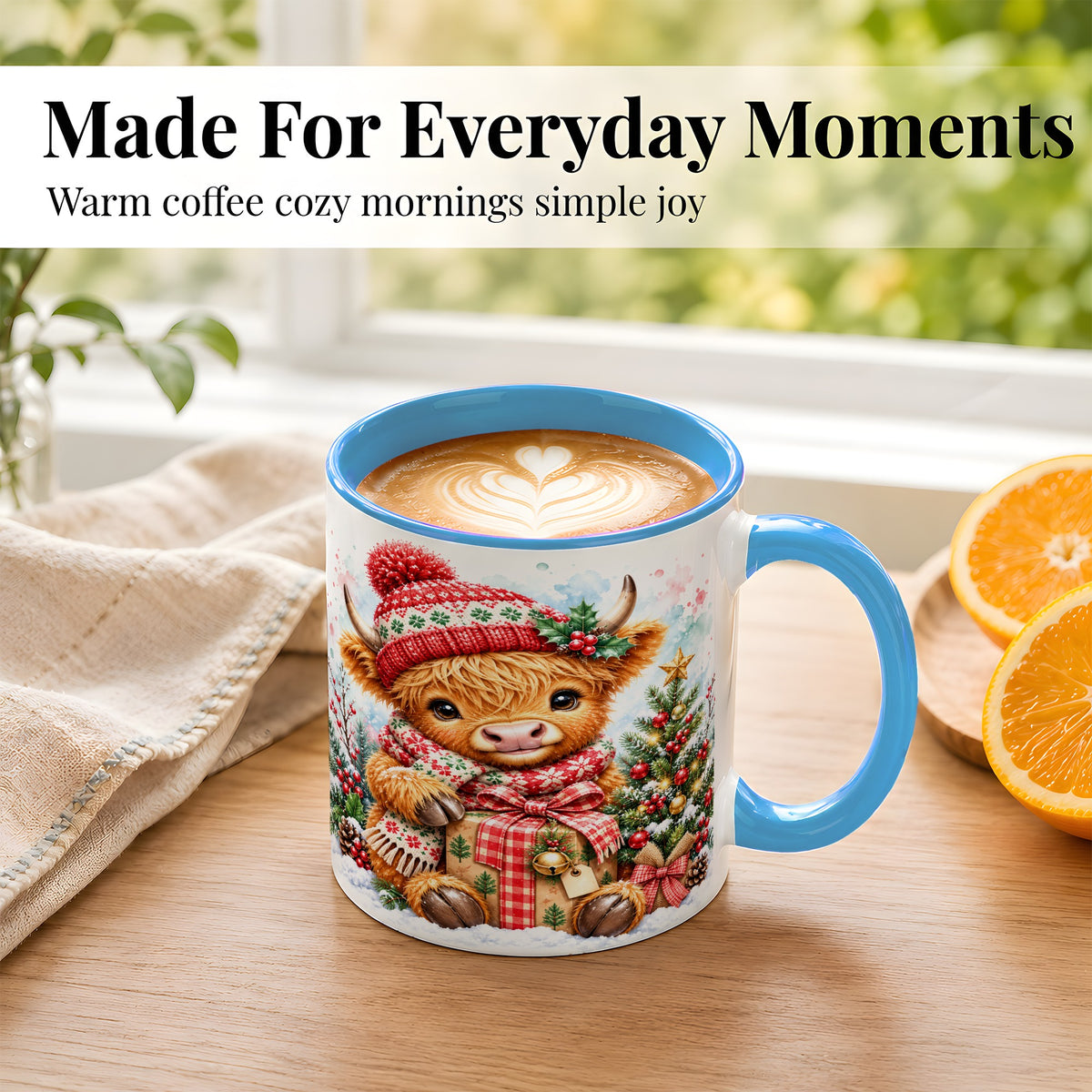 #pl[11oz|Blue] Watercolor Highland Cow Coffee Mug, Christmas Cow Mug, Ceramic Cup