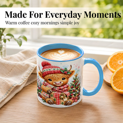 #pl[11oz|Blue] Watercolor Highland Cow Coffee Mug, Christmas Cow Mug, Ceramic Cup