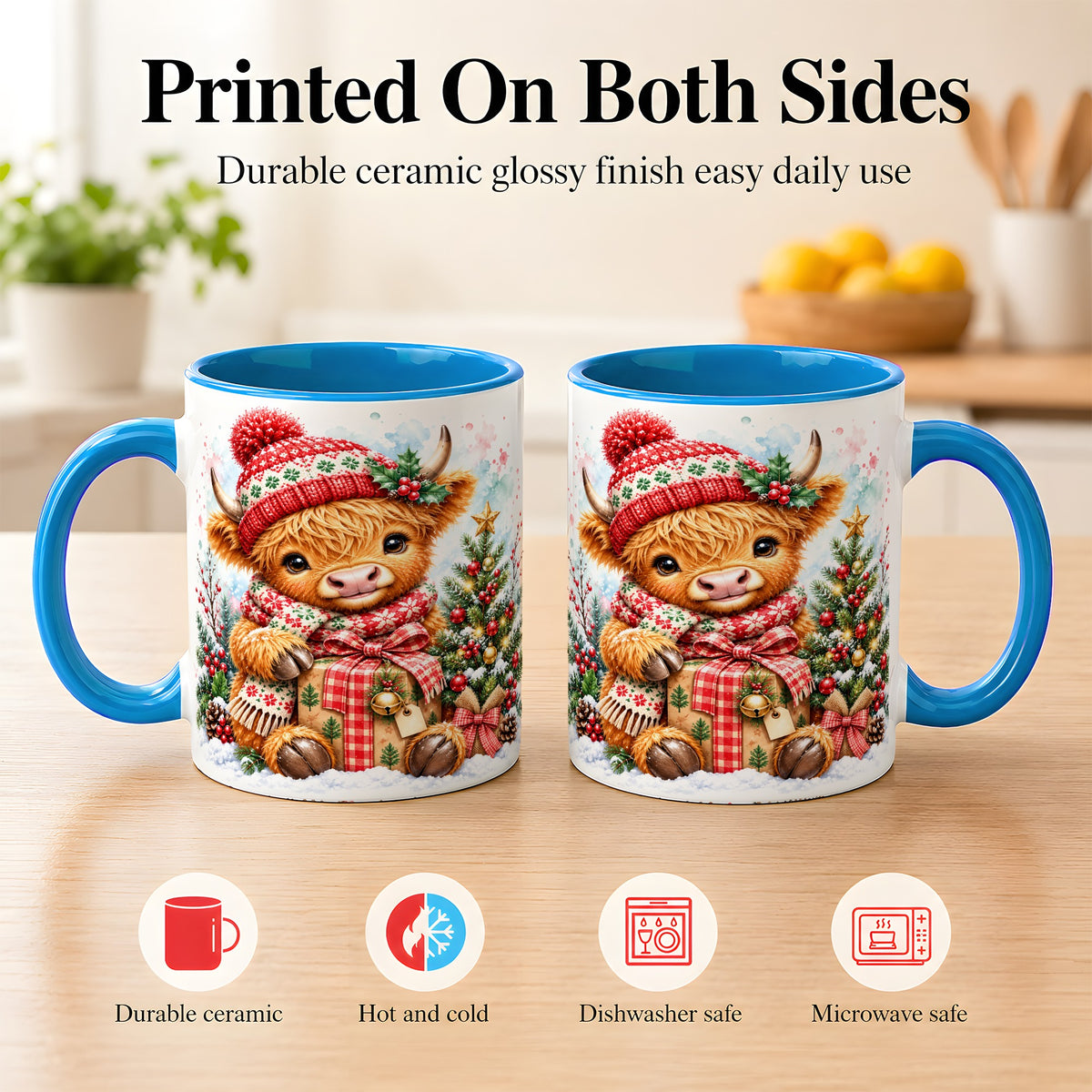 #pl[11oz|Blue] Watercolor Highland Cow Coffee Mug, Christmas Cow Mug, Ceramic Cup