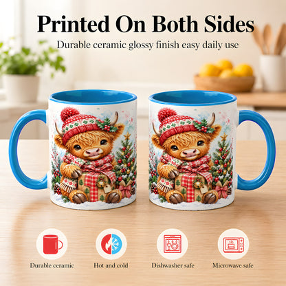 #pl[11oz|Blue] Watercolor Highland Cow Coffee Mug, Christmas Cow Mug, Ceramic Cup