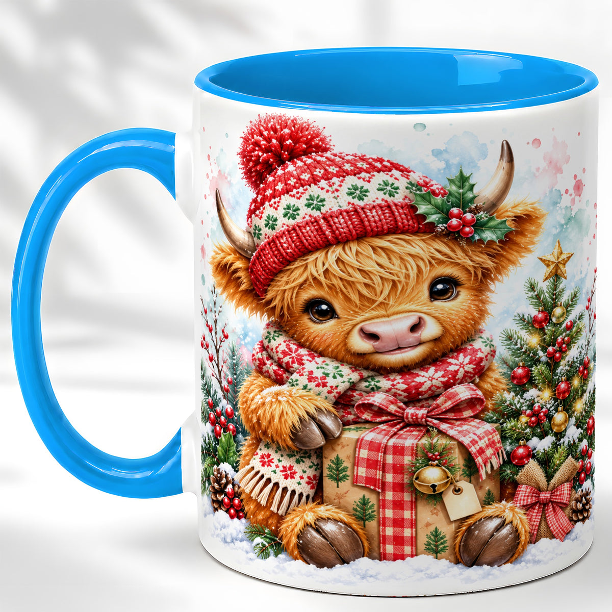 #pl[11oz|Blue] Watercolor Highland Cow Coffee Mug, Christmas Cow Mug, Ceramic Cup