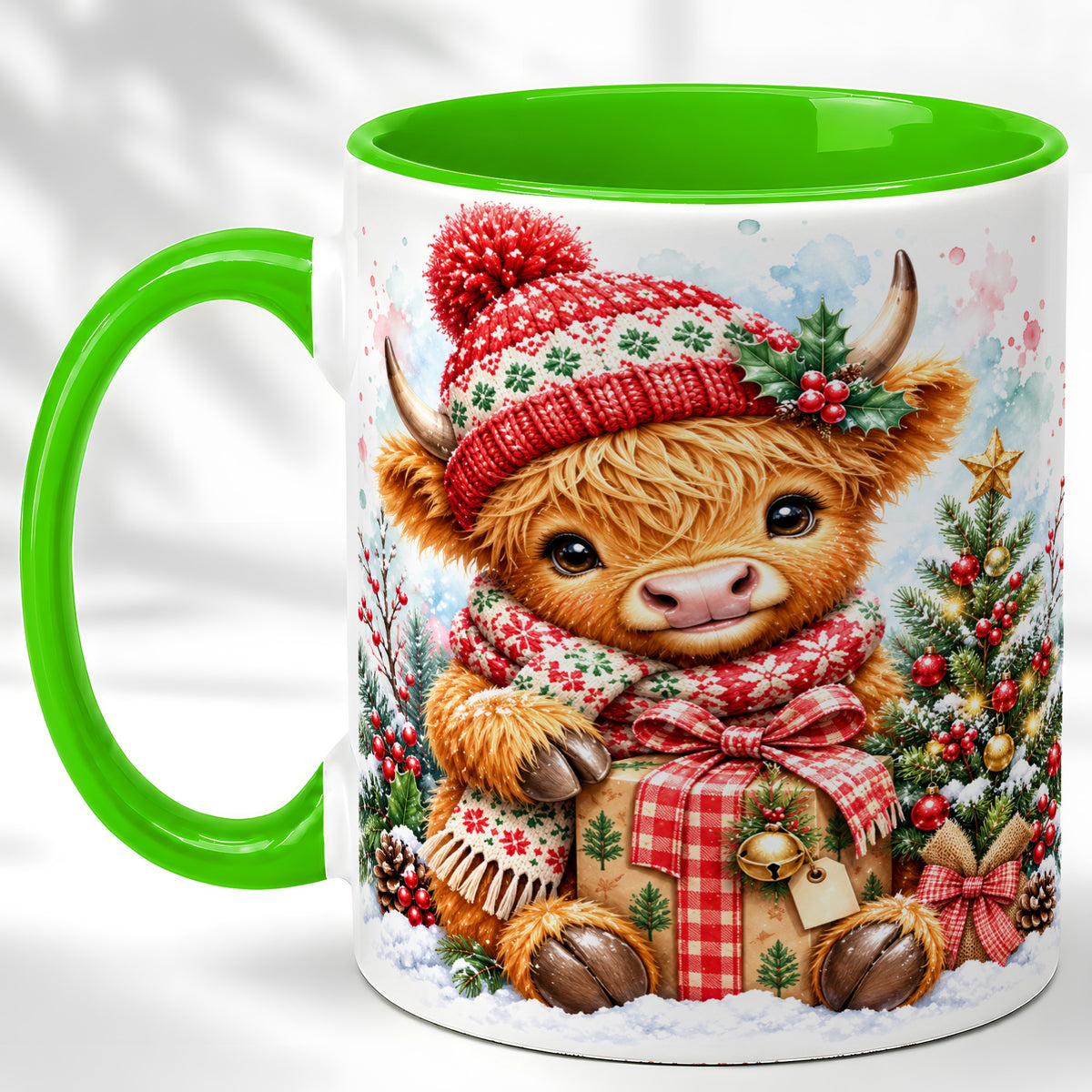 #pl[11oz|Green] Watercolor Highland Cow Coffee Mug, Christmas Cow Mug, Ceramic Cup